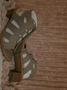 Taupe Suede Lace-Up Block Heel Sandals - Women